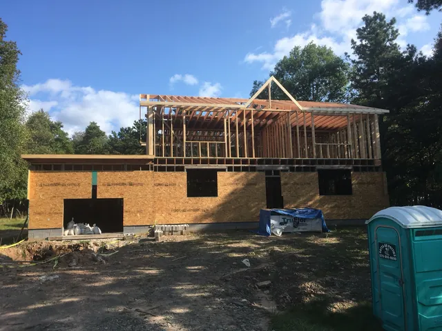 Second-floor framing going up